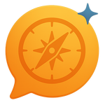 Orange speech bubble with a compass symbol inside, highlighted by a small blue star.